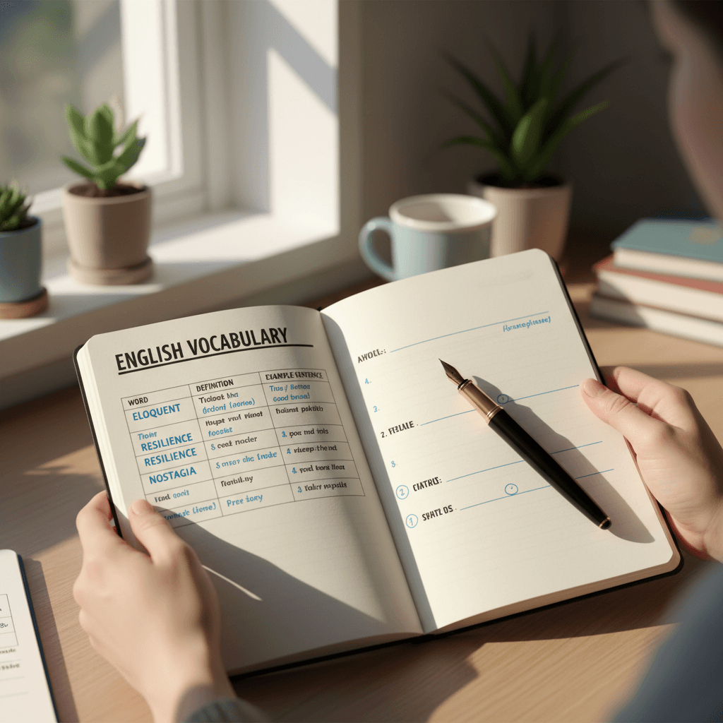 Student notes showing English language learning progress