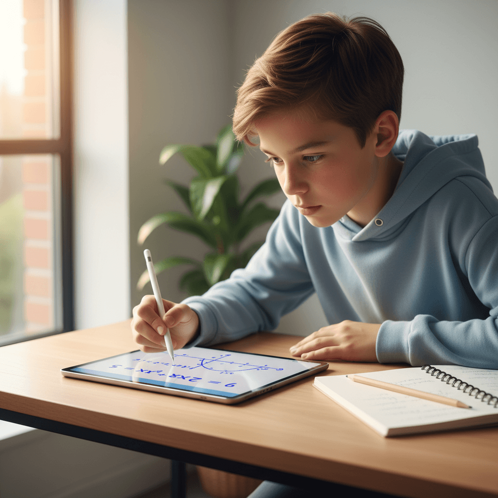 Student solving math problems on tablet during online lesson