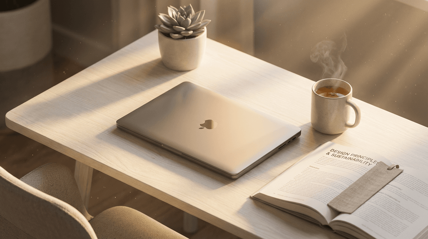 Organized home office learning space with laptop and educational materials in warm natural light